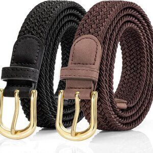 2 Pack Women's Braided Elastic Fabric Belts with Gold Buckle for Casual Wear
